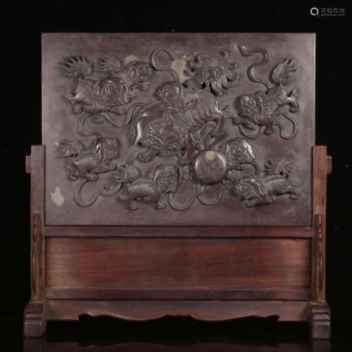 CHINESE DUAN STONE BEAST PLAQUE TABLE SCREEN
