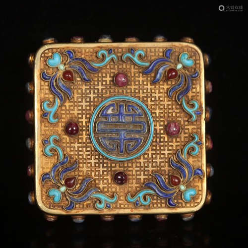 CHINESE GEM STONE INLAID GILT BRONZE SQUARE BOX