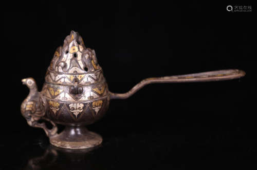 CHINESE SILVER GOLD INLAID BRONZE LONG HANDLE BOSHAN CENSER
