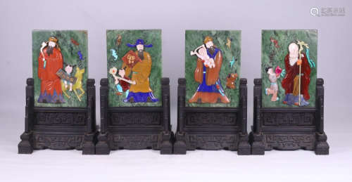 FOUR CHINESE GEM STONE INLAID SPINACH JADE PLAQUE TABLE SCREEN