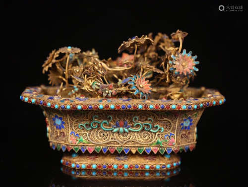 CHINESE GEM STONE INLAID GILT SILVER ENAMEL BENSAI IN PLANTER