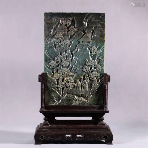 CHINESE SPINACH JADE MOUNTAIN VIEWS PLAQUE ROSEWOOD TABLE SCREEN