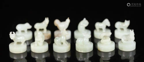 TWEELVE CHINESE WHITE JADE ZODICAL ANIMAL SEALS