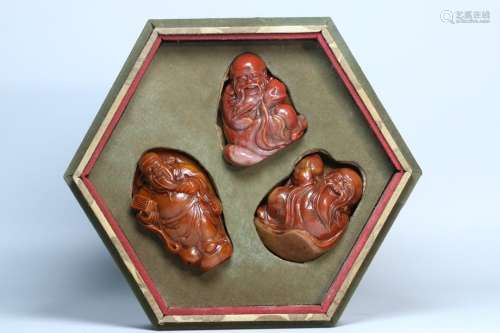 THREE CHINESE SOAPSTONE FIGURES TABLE ITEM