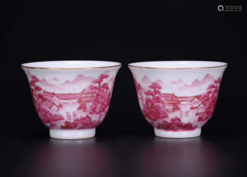 PAIR OF CHINESE PORCELAIN IRON RED MOUNTAIN VIEWS CUPS