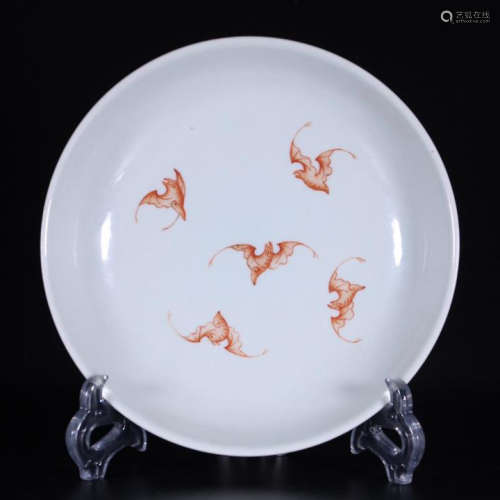 CHINESE PORCELAIN IRON RED BAT PLATE