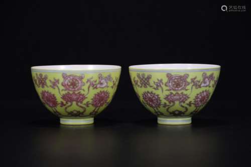 PAIR OF CHINESE PORCELAIN RED UNDER GLAZE YELLOW GROUND BOWL