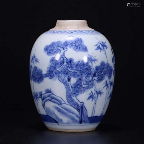 CHINESE PORCELAIN BLUE AND WHITE PINE AND ROCK JAR