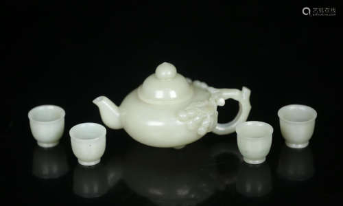 CHINESE CELADON JADE TEA POT WITH FOUR CUPS