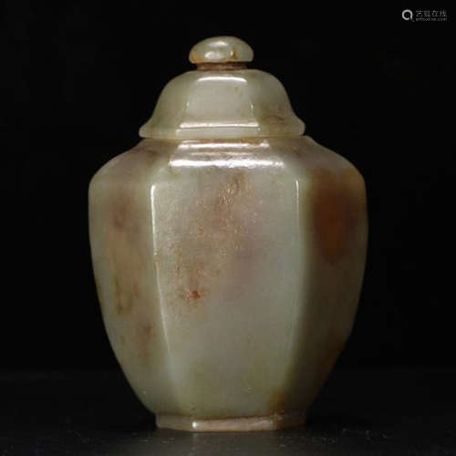 CHINESE GREY JADE LIDDED HAXAGONAL JAR