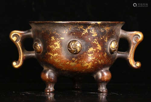 CHINESE GILT BRONZE HANDLE TRIPLE FEET CENSER