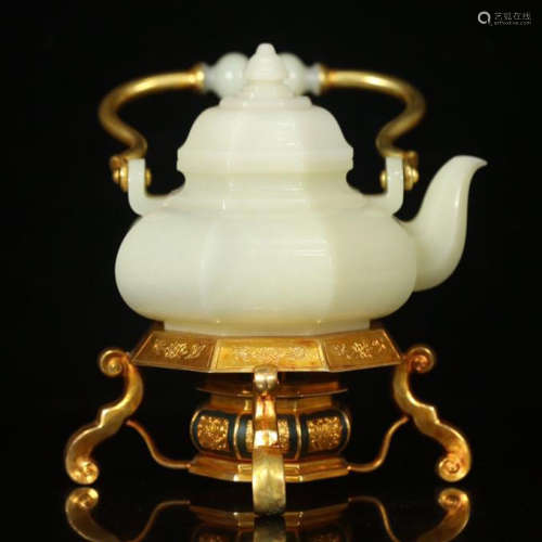 CHINESE CELADON JADE TEA POT WITH GILT BRONZE HANDL AND BASE