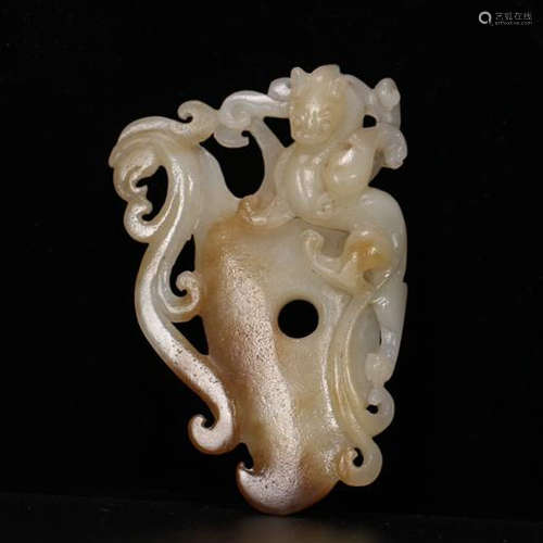 CHINESE ANCIENT JADE BOY ON PHOENIX PLAQUE