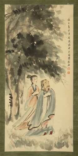 CHINESE SCROLL PAINTING OF COUPLE UNDER TREE