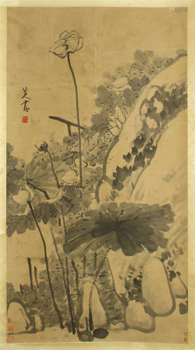 CHINESE SCROLL PAINTING OF LOTUS AND ROCK