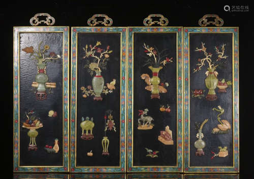 FOUR PANELS OF CHINESE GEM STONE INLAID CLOISONNE WALL HANGED SCREENS