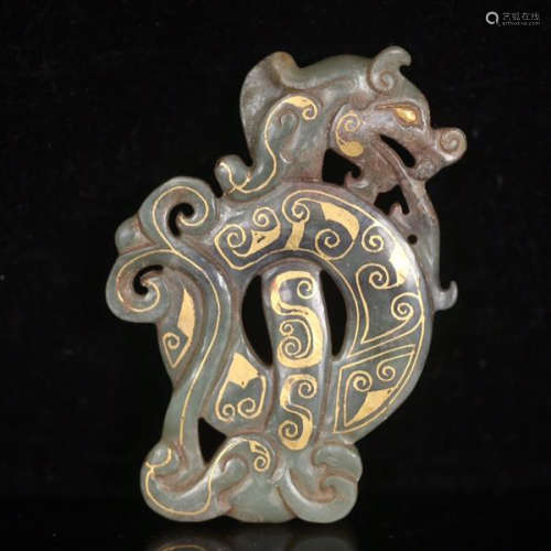 CHINESE GOLD PAINTED ANCIENT JADE DRAGON PLAQUE