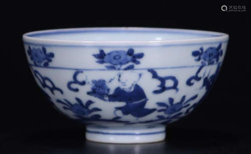 CHINESE PORCELAIN BLUE AND WHITE BOY PLAYING BOWL