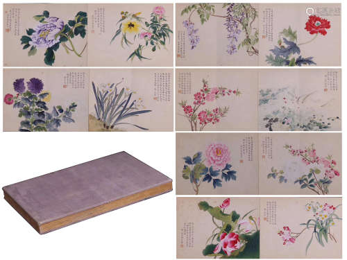 TWEELVE PAGES OF CHINESE ALBUM PAINTING OF FLOWER WITH CALLIGRAPHY