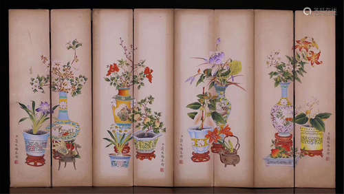 EIGHT PANELS OF CHINESE SCROLL PAINTING OF FLOWER IN VASE