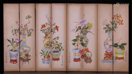 EIGHT PANELS OF CHINESE SCROLL PAINTING OF FLOWER IN VASE
