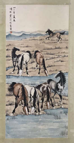 CHINESE SCROLL PAINTING OF HORSE BY RIVER