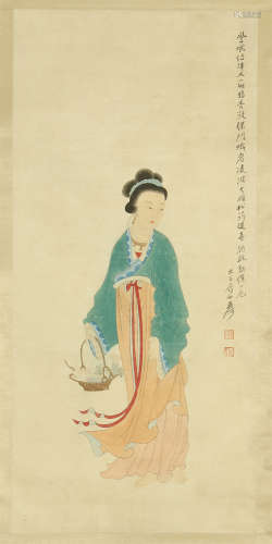 CHINESE SCROLL PAINTING OF BEAUTY WITH BASKEST