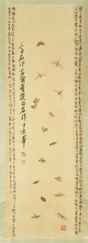CHINESE SCROLL PAINTING OF INSECT WITH CALLIGRAPHY