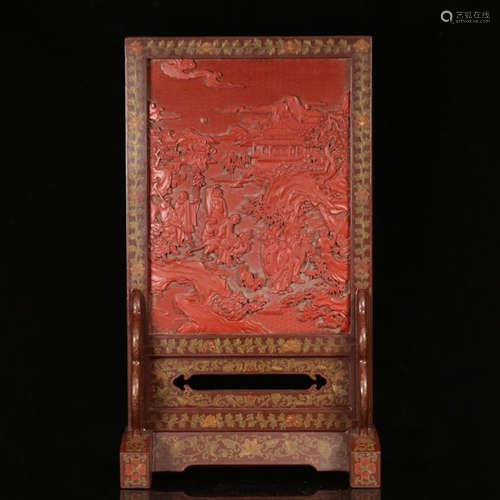 CHINESE CINNABAR PLAQUE OF MOUNTAIN VIEWS LACQUER TABLE SCREEN