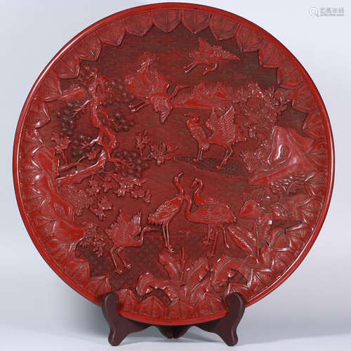 CHINESE CINNABAR PLATE OF CRANES IN GARDEN