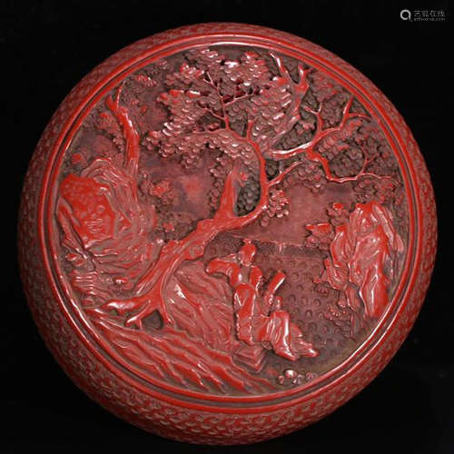 CHINESE CINNABAR MEN IN GARDEN LIDDED BOX