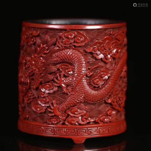 CHINESE CINNABAR DRAGON BRUSH POT