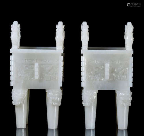 PAIR OF CHINESE GREY JADE DING CENSER