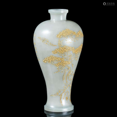 CHINESE GOLD PAINTED CELADON JADE MEIPING VASE