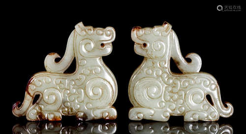 PAIR OF CHINESE ANCIENT JADE TIGER PLAQUE