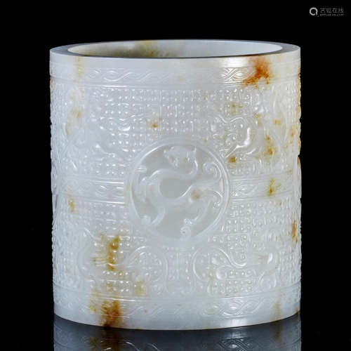 CHINESE WHITE JADE BEAST BRUSH POT