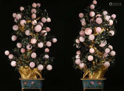 PIAR OF CHINESE PINK AGATE PEACH BENSAI IN CLOISONNE BASIN