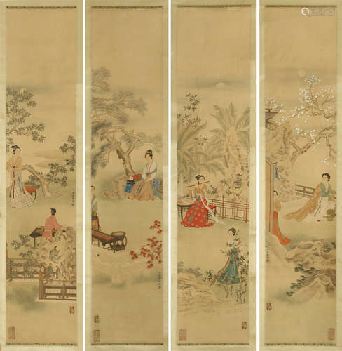 FOUR PANELS OF CHINESE SCROLL PAINTING OF BEAUTY IN GARDEN