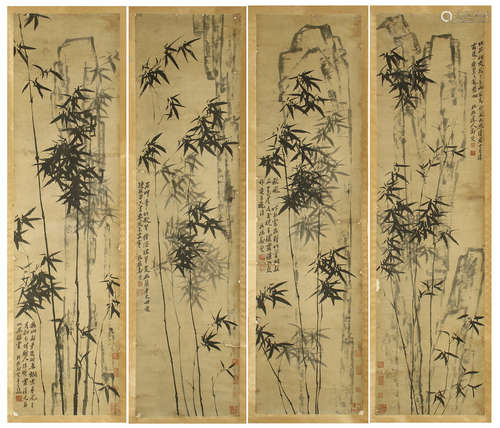 FOUR PANELS OF CHINESE SCROLL PAINTING OF BAMBOO AND ROCK