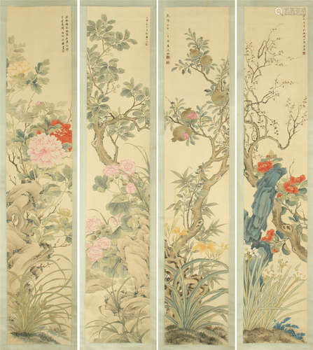 FOUR PANELS OF CHINESE SCROLL PAINTING OF FLOWER AND ROCK