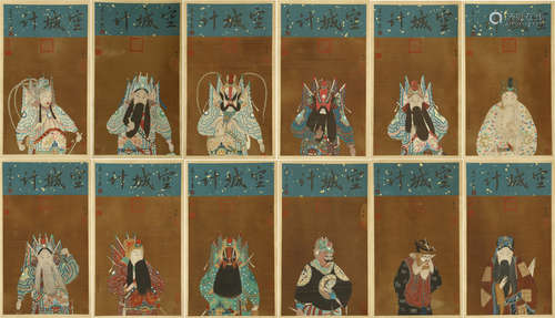 TWEELVE PANELS OF CHINESE SCROLL PAINTING OF OPERA FIGURES