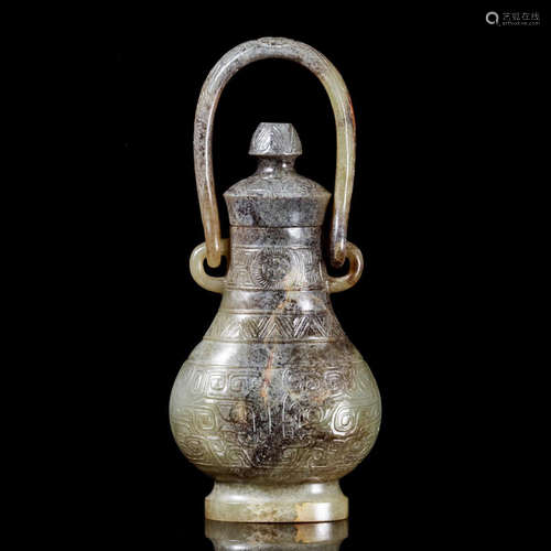 CHINESE ANCIENT JADE LONG HANDLE LIDDED VASE