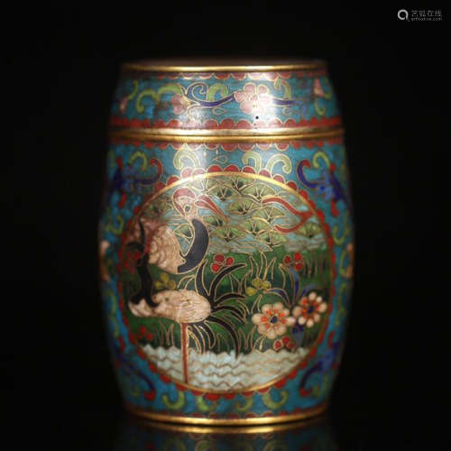 CHINESE CLOSIONNE FLOWER DRUM SHAPED LIDDED JAR