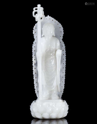 CHINESE WHITE JADE STANDING BUDDHA WITH BUDDHIST CANE