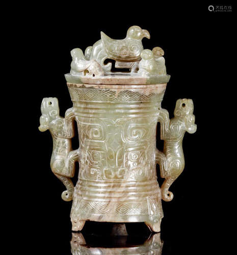 CHINESE ANCIENT JADE TIGER HANDLE LIDDED CUP