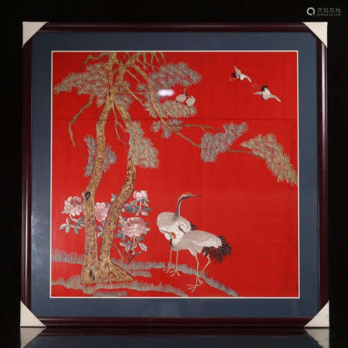 CHINESE EMBROIDERY TAPESTRY OF CRANE UNDER PINE