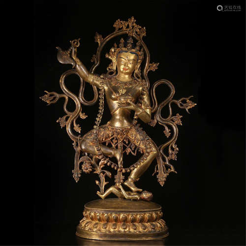 TIBETAN GILT BRONZE STANDING TARA WITH FLOWER