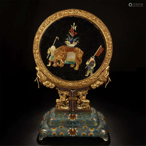 CHINESE GEM STONE INLAID BOY PLAYING ROUND PLAQUE CLOISONNE TABLE SCREEN