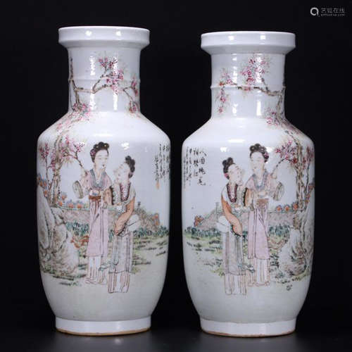 PAIR OF CHINESE PORCELAIN FAMILLE ROSE BEAUTY IN GARDEN VASE