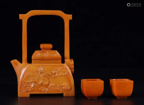CHINESE YELLOW JADE LONG HANDLE TEA POT WITH TWO CUPS